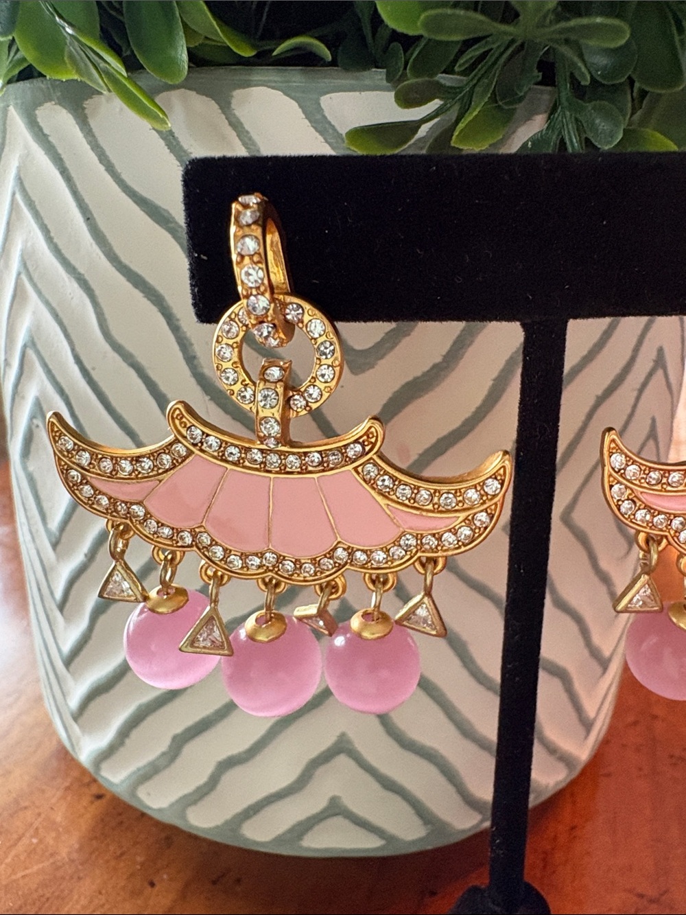 Gold & Pink Crystal Chandbali Drop Earrings - Picture 3 of 4